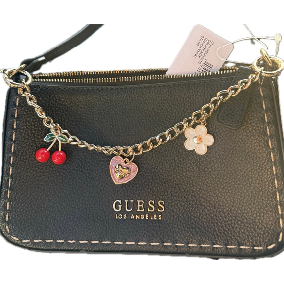 GUESS Factory Lynne Charm Bag Black NWT Cherry - Picture 4 of 4